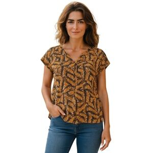 Nine West Orange Brown Cap Sleeve Blouse with Mandarin Collar